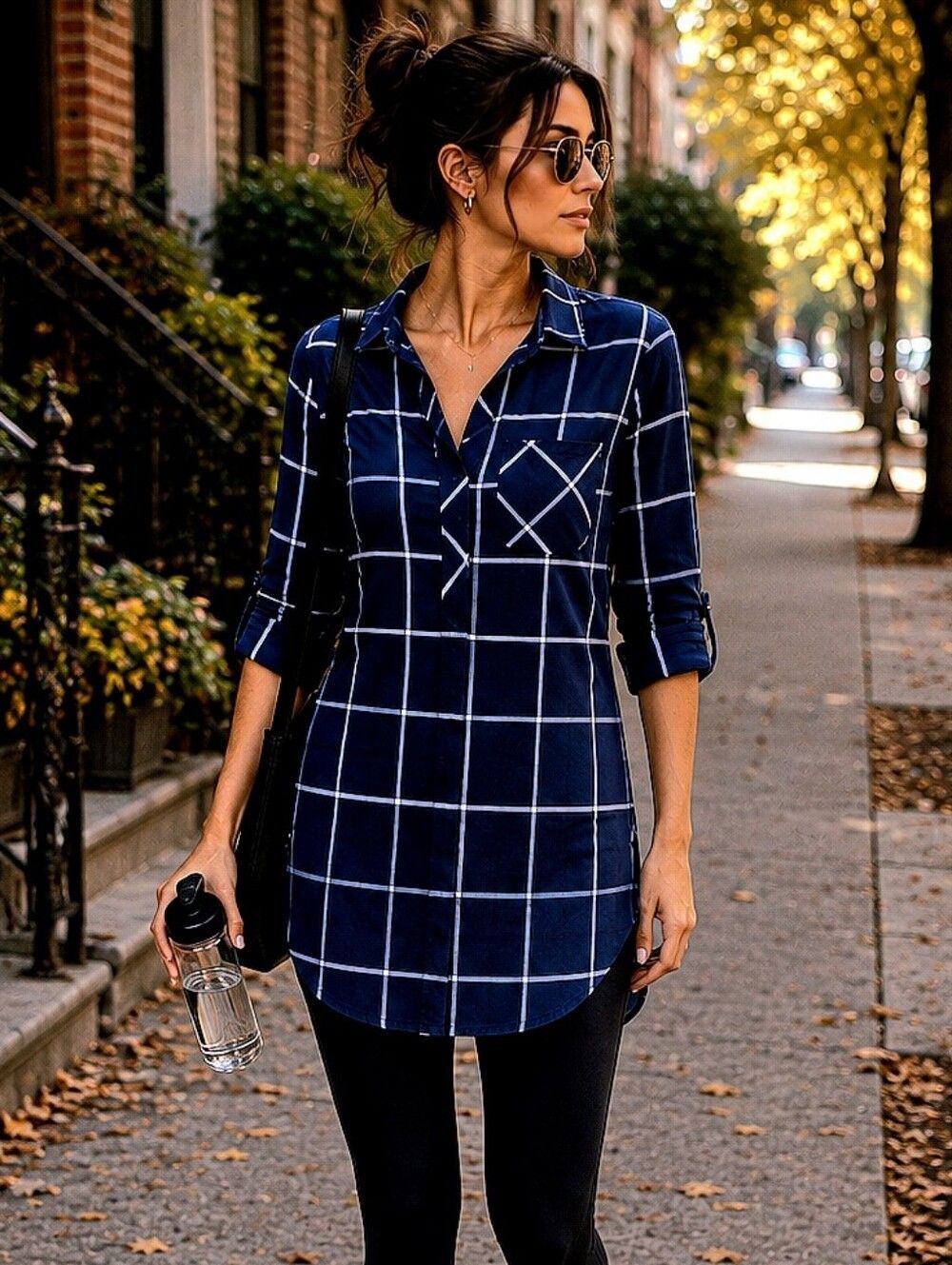 Athleta Navy and White Plaid Tunic Shirt. 100% Cotton